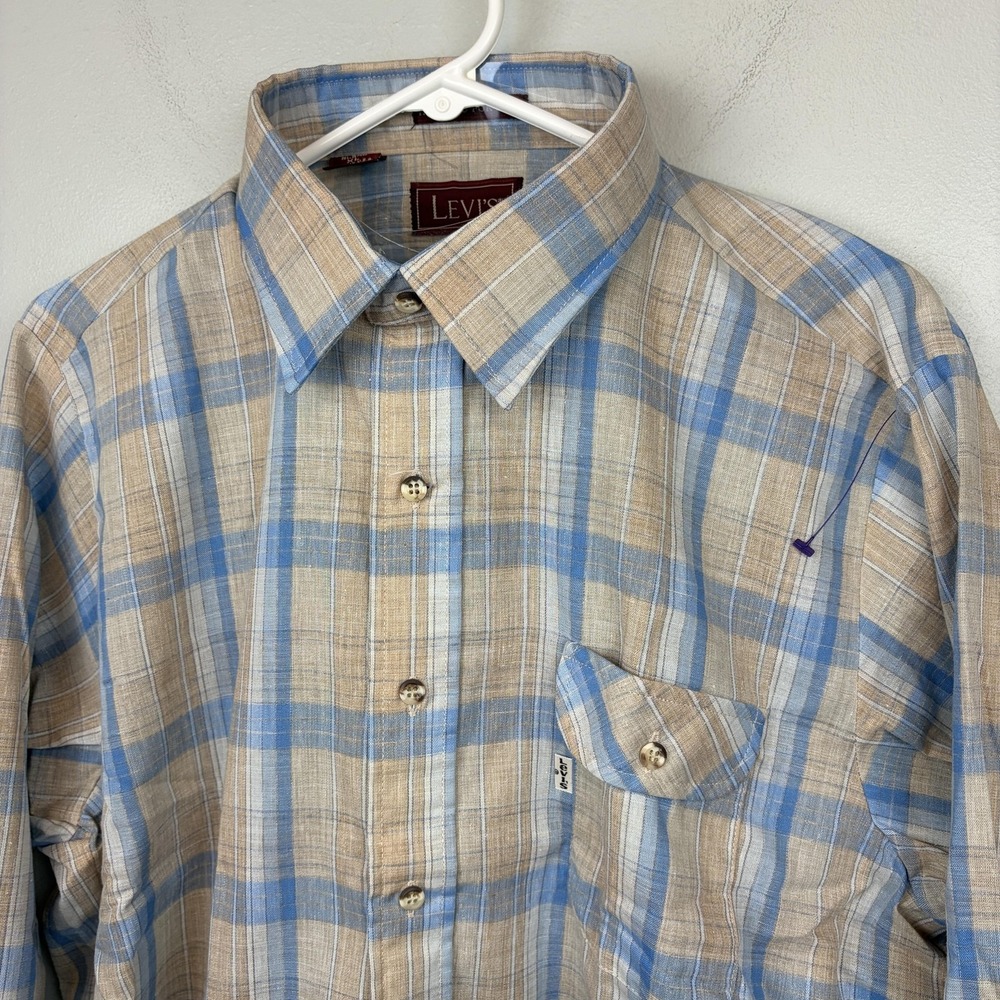 Vintage Levis Shirt Mens XL Beige Blue Plaid Easy Care Button Made USA 80s NWOT